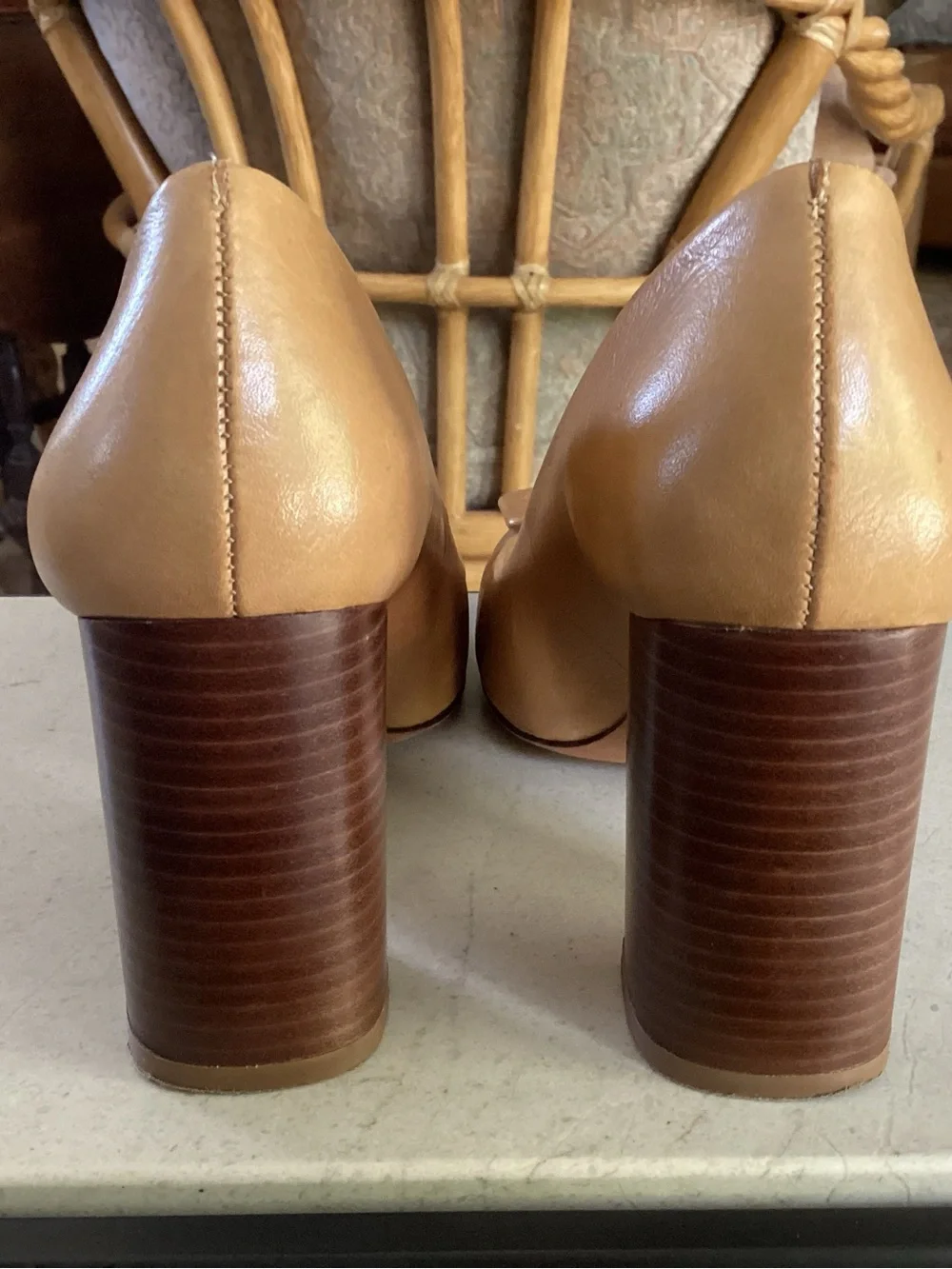 Tory Burch Tan Leather Block Heel Pumps with Gold Logo